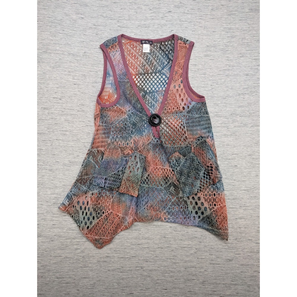 Lily Firmana Crochet Vest Sleeveless Button Colorful‎ Boho Chic Asymmetrical Art